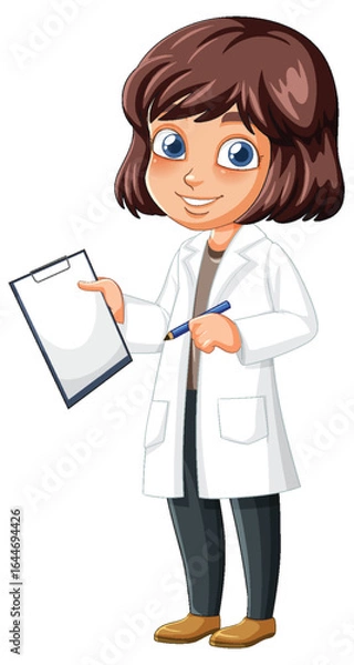 Fototapeta Cartoon Female Scientist Holding Clipboard and Pen