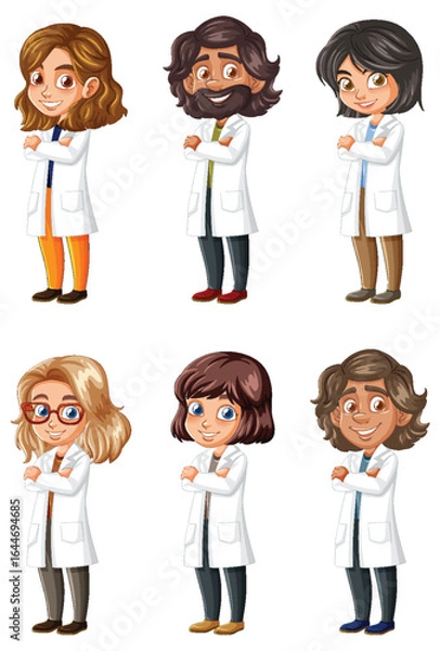 Fototapeta Diverse Cartoon Scientists in White Lab Coats Standing