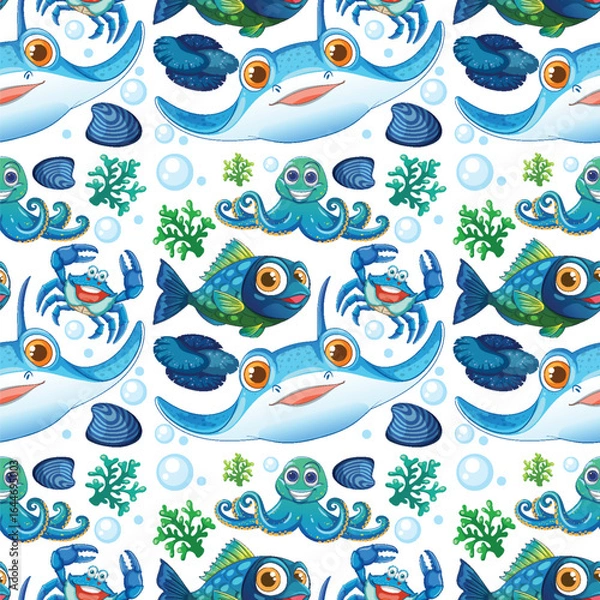 Fototapeta Colorful Marine Life Seamless Pattern