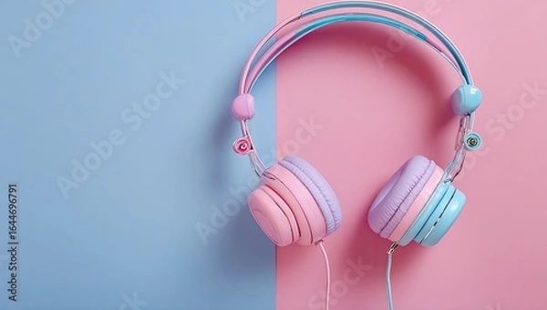 Obraz Pastel pink and blue over-ear headphones rest on a split-toned background of light blue and pink, showcasing a playful, youthful aesthetic