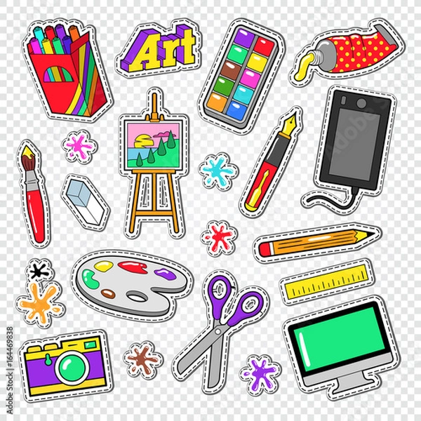 Fototapeta Art Tools Doodle. Painting Stickers with Paints, Digital Graphic Device and Photo Camera. Vector illustration