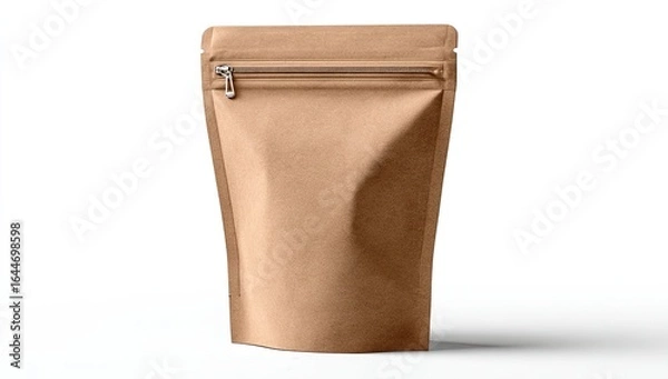 Fototapeta Kraft paper stand-up pouch with a silver zipper closure, isolated on white background, showing subtle shadow