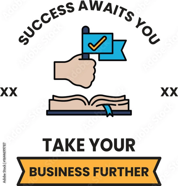 Fototapeta A black and white image of a hand holding a flag with the words success awaits y