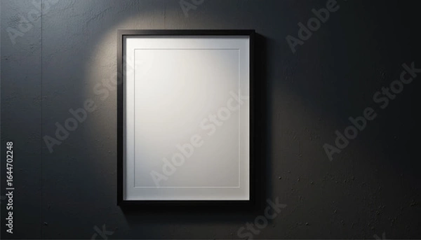 Obraz A3 frame mockup with soft spotlight highlighting it on a dark wall.