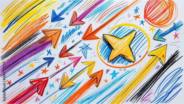 Fototapeta Hand-drawn arrows, circles, and stars created with felt-tip pen and chalk, perfect for sketch-style design elements