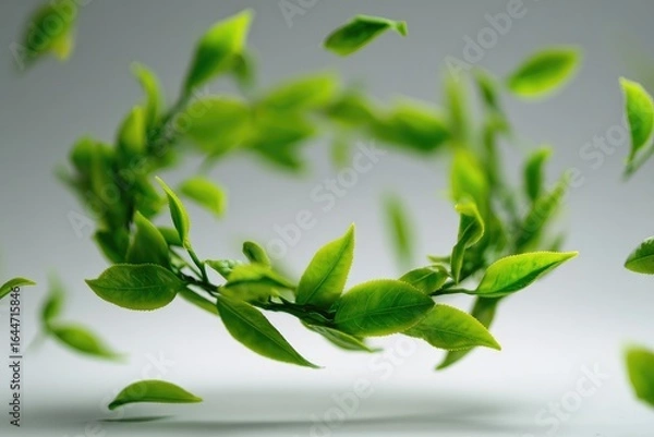 Fototapeta Fresh green tea leaves in a circular motion against a light gray background