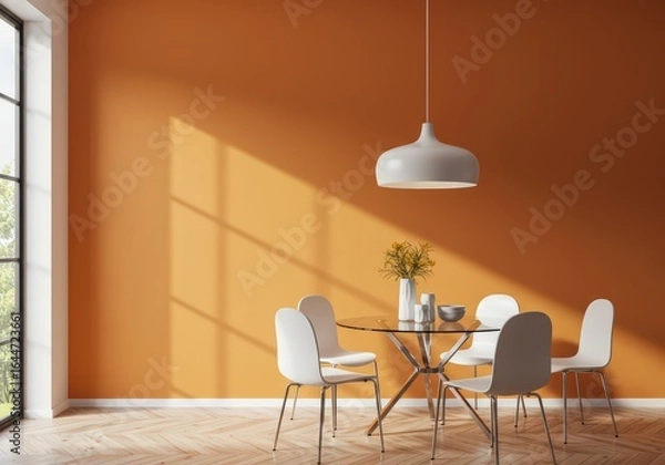 Fototapeta Interior of a dining room with orange walls and a glass table with white chairs and a hanging lamp