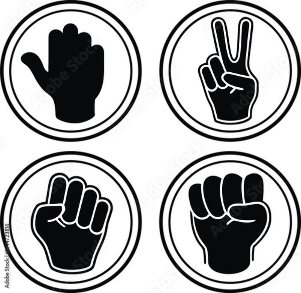 Fototapeta Four black hand gesture icons in circular frames on white background symbol