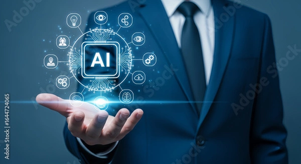 Fototapeta Man in suit presenting ai technology concept on his open hand palm