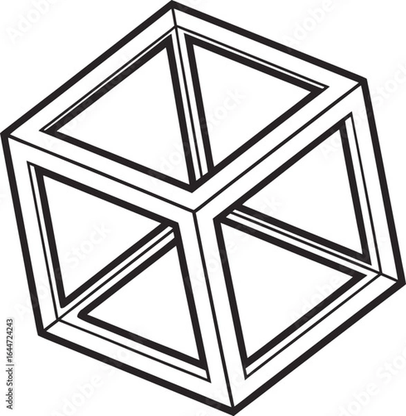 Fototapeta Geometric wireframe cube with black lines on white background shape