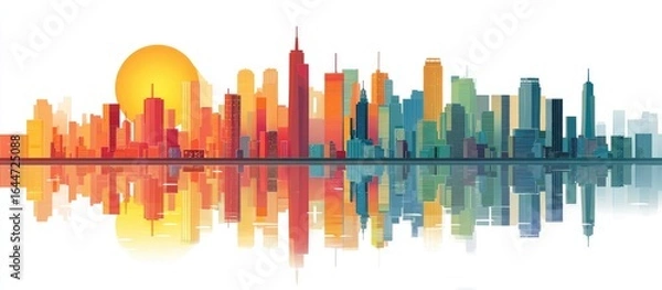 Fototapeta Colorful city skyline reflected in calm water at sunrise, depicted in a stylized, flat design with a large yellow sun