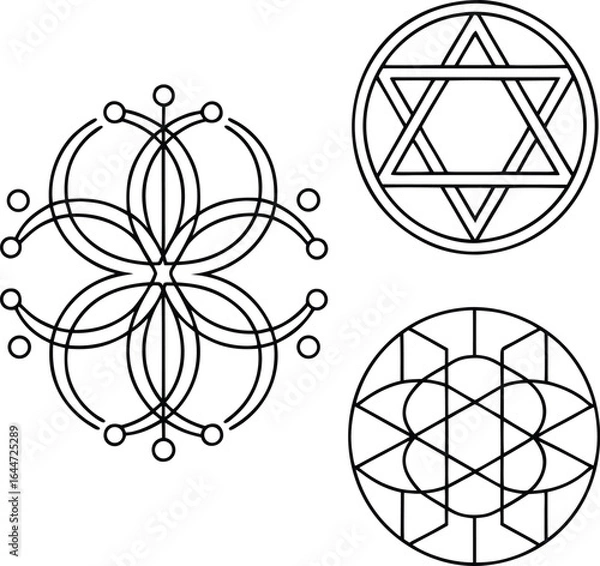 Fototapeta Three abstract geometric line art symbols on white background black and white