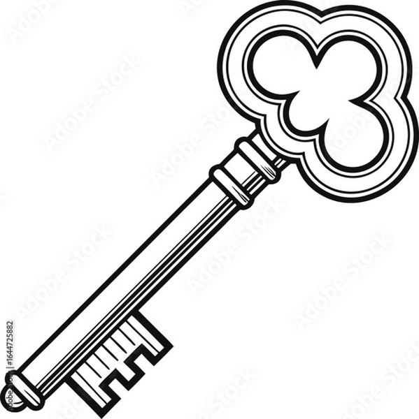 Fototapeta Vintage ornate key with clover shaped bow and intricate bit antique key vintage key