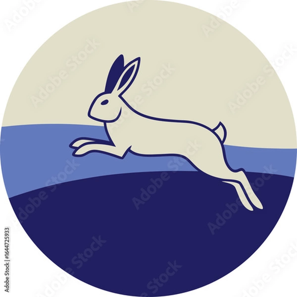 Fototapeta White rabbit leaping across blue and cream horizon line graphic hare jumping