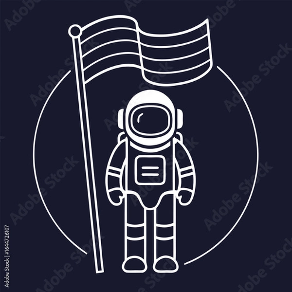 Fototapeta White line art astronaut planting flag in circle on dark blue background space exploration