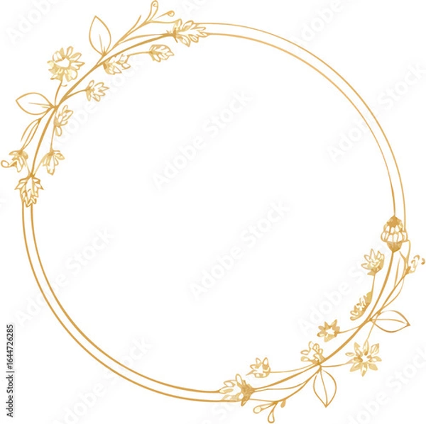 Obraz Minimal elegant gold circular frame vector with thin floral ornaments, transparent background, perfect for wedding invitations, luxury branding, and certificates