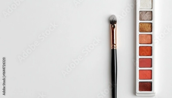 Fototapeta A makeup brush rests beside a palette of earthy orange eyeshadows on a white background; ample copy space