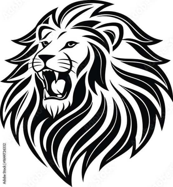 Fototapeta Black and white stylized lion head roaring with flowing mane vector graphic