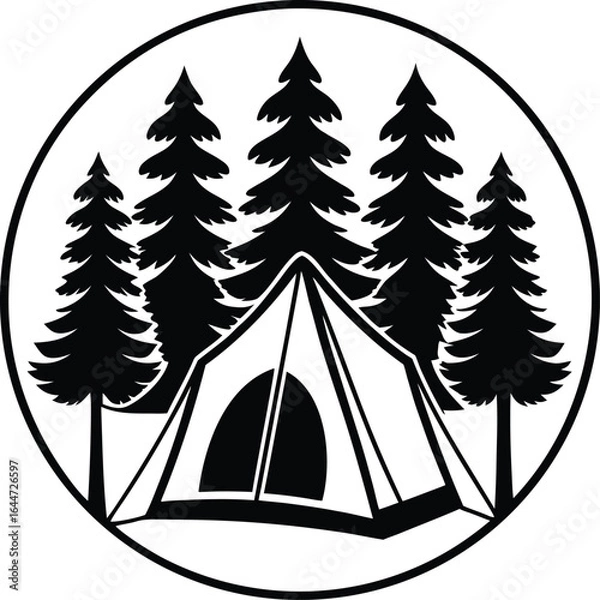 Fototapeta Black and white illustration of a tent and pine trees within a circle camping forest