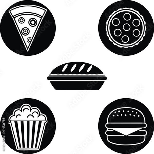 Fototapeta Black and white icons of pizza slice whole pizza pie popcorn and hamburger pizza slice icon whole pizza icon
