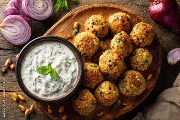 Obraz Crispy rice balls served with creamy mint dip