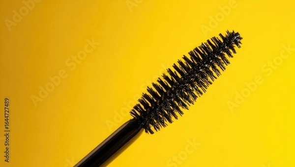 Fototapeta Close-up of a black mascara wand against a vibrant yellow background, showcasing its densely packed bristles and slightly angled design