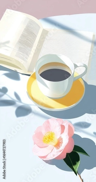 Fototapeta A sunlit scene depicts a cup of coffee, an open book, and a pink camellia blossom on a pale blue surface, casting delicate shadows