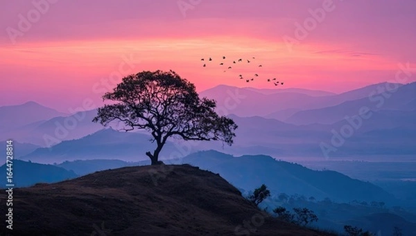 Fototapeta Solitary tree atop a hill silhouetted against a vibrant sunset over layered, hazy mountains; a flock of birds in flight