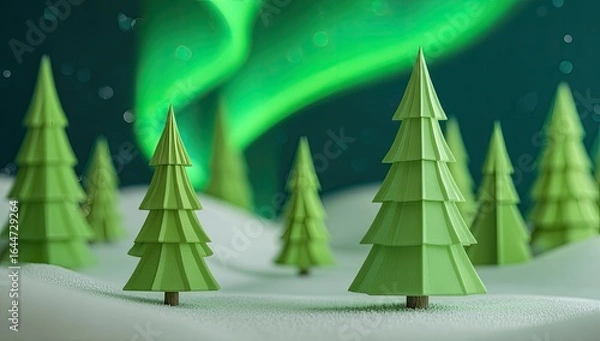 Fototapeta Stylized evergreen trees on a snow-covered landscape under a vibrant aurora borealis at night