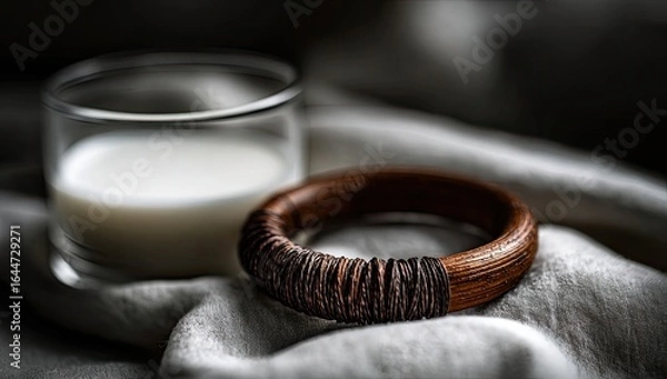 Fototapeta A glass of milk rests beside a dark wood and woven fiber bangle on a soft, light fabric. Low-key lighting creates a moody, intimate scene