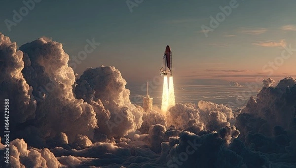 Fototapeta Space shuttle ascends through a dramatic, sun-drenched cloudscape at dawn, fiery exhaust illuminating the scene