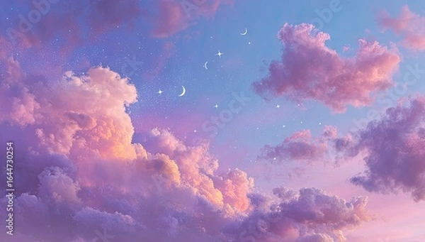 Fototapeta Pastel pink and purple clouds fill a twilight sky, adorned with scattered stars and crescent moons, creating a dreamy, ethereal atmosphere