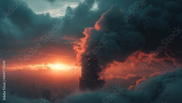 Fototapeta A skyscraper engulfed in dark smoke billows against a fiery sunset, a city shrouded below in a sea of clouds
