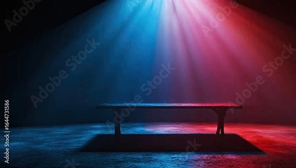 Fototapeta A dark room, illuminated by vibrant blue and red spotlights converging on a simple, rustic wooden table, creating a dramatic, moody atmosphere