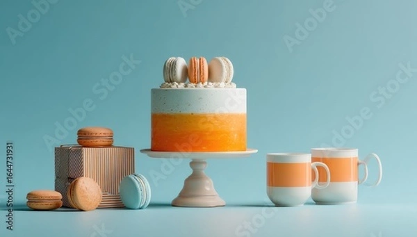Fototapeta A two-toned orange and white cake sits on a pedestal, adorned with macarons.  Two mugs and a wooden box with more macarons complete the pastel-hued still life against a light blue background