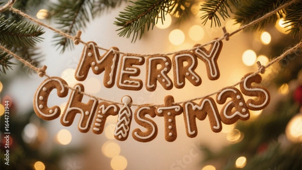 Fototapeta A charming Christmas-themed scene featuring 'Merry Christmas' spelled out in festive, decorative gingerbread letters, suspended on natural twine from lush evergreen branches. Christmas, Christmas Tree