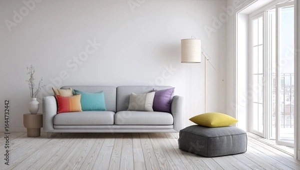Fototapeta Minimalist living room with gray sofa, colorful throw pillows, floor lamp, and large window offering a snowy view.  Light wood floors and neutral walls create a calm atmosphere