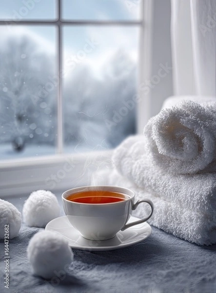Fototapeta Steaming teacup rests on a windowsill beside fluffy white towels and snowballs, a winter scene visible through the frosted windowpane