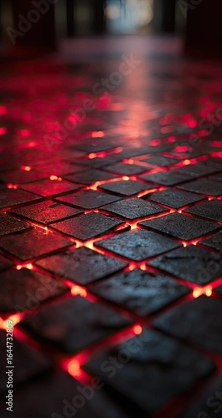 Fototapeta Glowing red lights illuminate a dark, textured, gridded floor of square tiles, creating a futuristic, almost fiery effect.  Perspective leads the eye into the distance