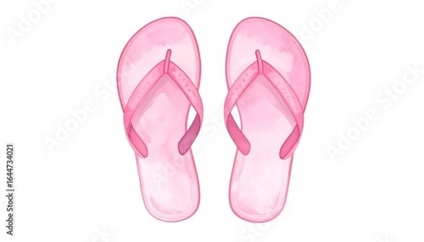 Fototapeta Watercolor illustration of pink flip flops on a white background perfect for summer and beach