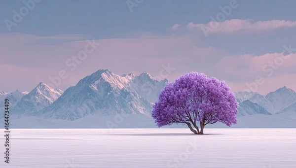 Fototapeta Solitary purple tree stands on a snow-covered plain, majestic snow-capped mountains form a serene backdrop under a soft, pastel sky