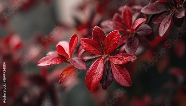 Fototapeta Close-up of a branch with vibrant, deep red leaves, showing intricate detail and subtle water droplets, blurred background