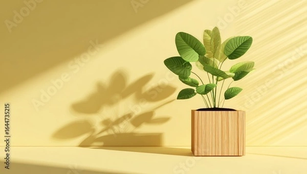 Fototapeta A potted plant with large, vibrant green leaves sits in a light-wood cube planter against a pale yellow wall, bathed in sunlight casting a defined shadow
