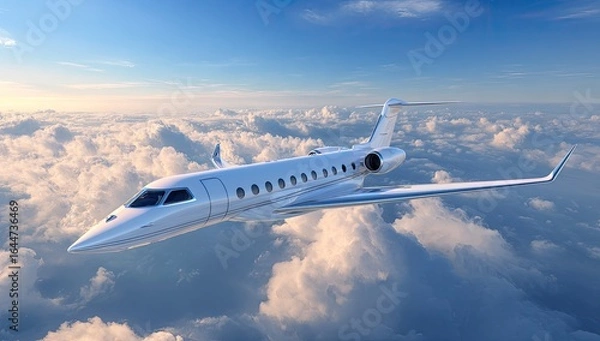 Fototapeta Sleek white private jet soaring above a fluffy sea of clouds at sunrise/sunset, showcasing its elegant design and advanced aerodynamics
