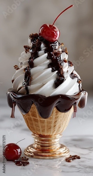 Fototapeta A decadent sundae, swirled soft-serve ice cream, drizzled with rich chocolate sauce, topped with a bright cherry, nestled in a waffle bowl on a metallic stand
