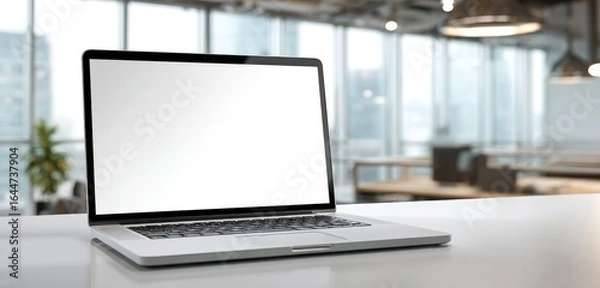 Fototapeta Silver laptop with blank screen on a white desk in a modern office setting