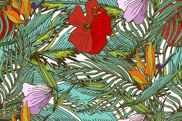 Fototapeta Tropical Seamless Pattern With Palm  Leaves And Tropical Flowers.