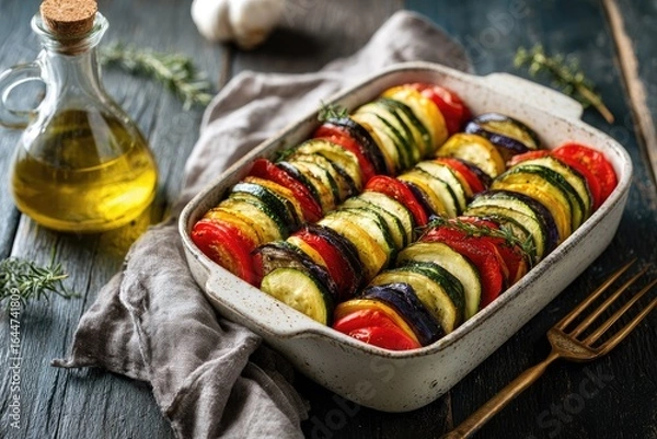 Obraz Colorful vegetable gratin in a white baking dish, with olive oil and fresh herbs