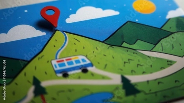 Fototapeta A child's drawing of a mountain route with a bus and a location marker.