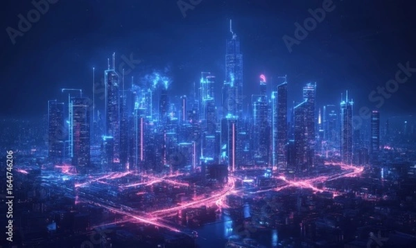 Fototapeta Smart city concept set against a dark blue background, showcasing intelligent infrastructure, connected buildings, and the integration of IoT, 5G, and AI technologies to create a future, Generative AI